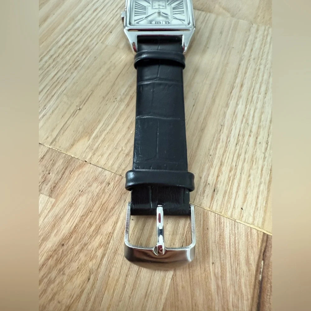 Vicence 925 Sterling silver square black leather dress watch NEW BATTERY